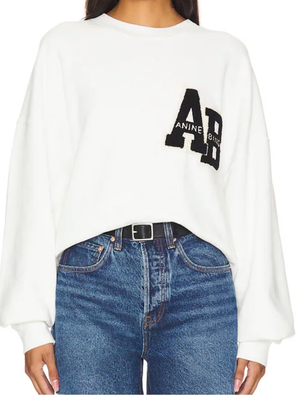 NWT! Anine Bing Miles White Letterman Crewneck Sweatshirt L Oversized